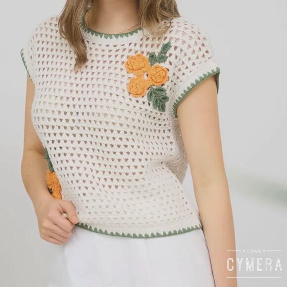 Blu Pepper Cream and Orange Sweater with Floral Accents - Picture 1 of 5